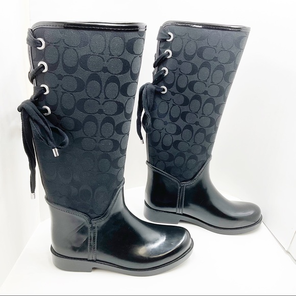 {Coach} Tristee Black Lace-Up Back Rain boot💲FIRM